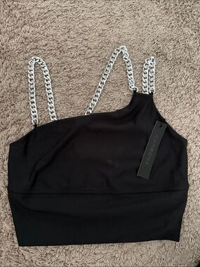 Carbon38 Black One-Shoulder Crop Top with Silver Chain Straps